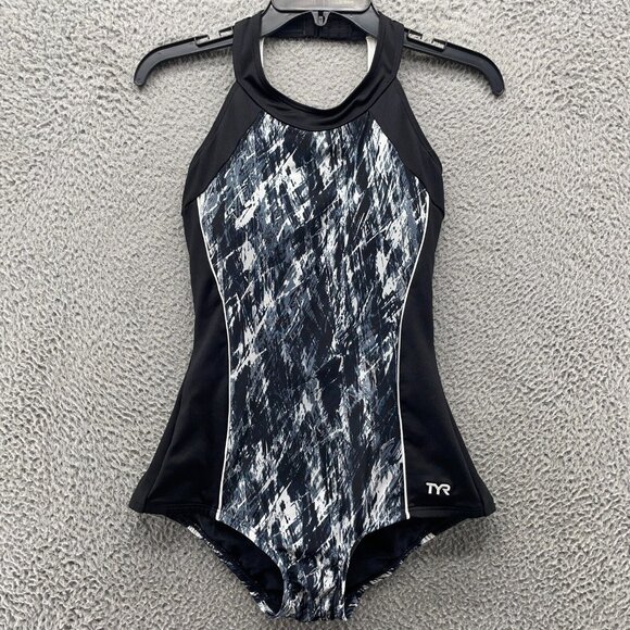 TYR Swimwear Womens 8 Black White‎ Halter Full Coverage One Piece Comp New - Picture 1 of 11